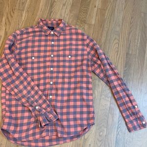 J.Crew, salmon/blue plaid button down flannel, size large